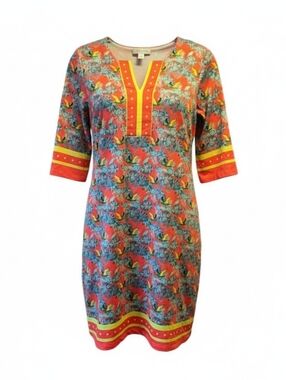 Guy Harvey Tropical Print Shift Dress Women’s Medium Orange Parrot Palm Stretch